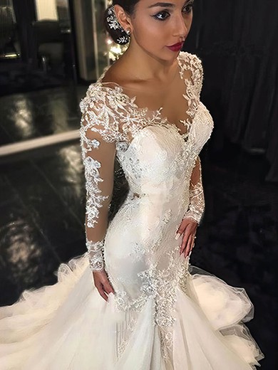 Sexy Trumpet/Mermaid Scoop Neck Tulle Appliques Lace Court Train Long Sleeve Wedding Dresses #UKM00022656