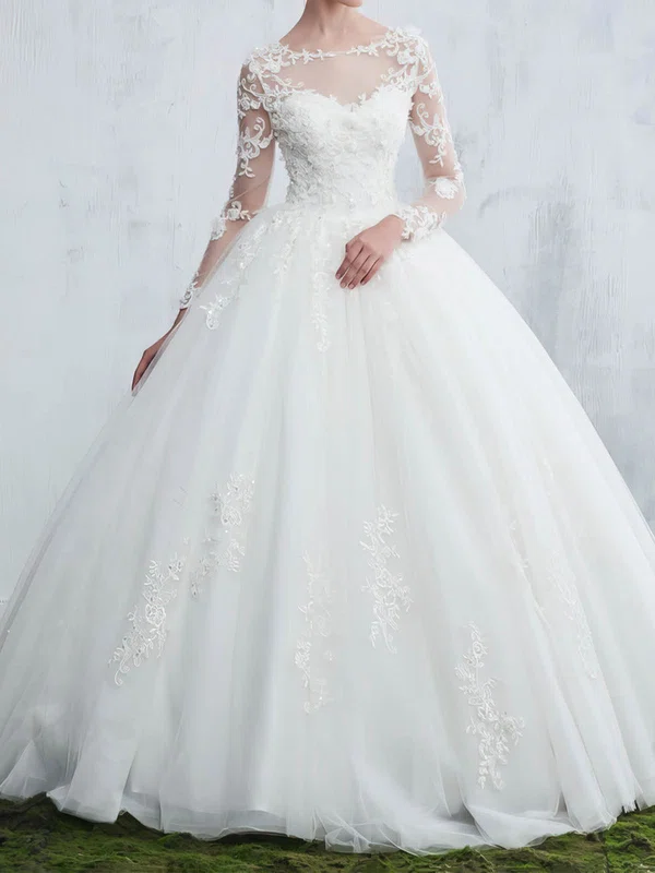 Ball Gown/Princess Illusion Tulle Sweep Train Wedding Dresses With Appliques Lace #UKM00022657