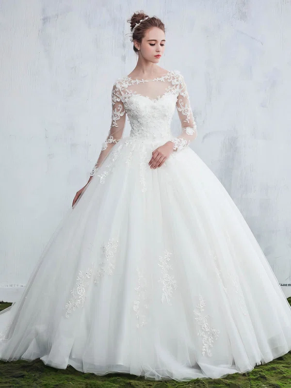 Ball Gown Scoop Neck Tulle Appliques Lace Sweep Train Long Sleeve Beautiful Wedding Dresses #UKM00022657