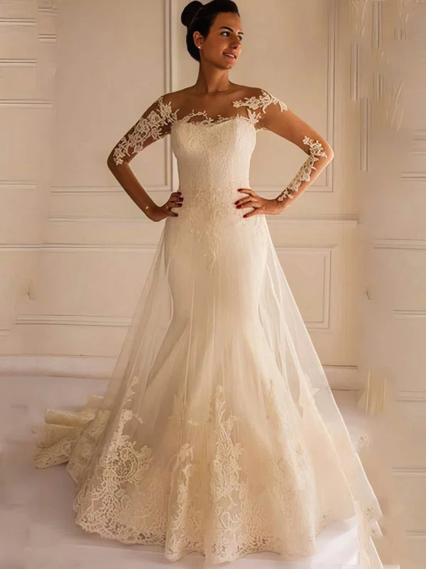 Trumpet/Mermaid Illusion Tulle Court Train Wedding Dresses With Appliques Lace #UKM00022658
