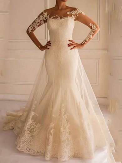 Trumpet/Mermaid Illusion Tulle Court Train Wedding Dresses With Appliques Lace #UKM00022658