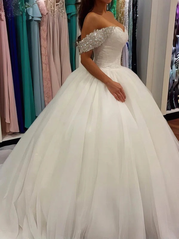 Ball Gown/Princess Off-the-shoulder Tulle Cathedral Train Wedding Dresses With Beading #UKM00022659