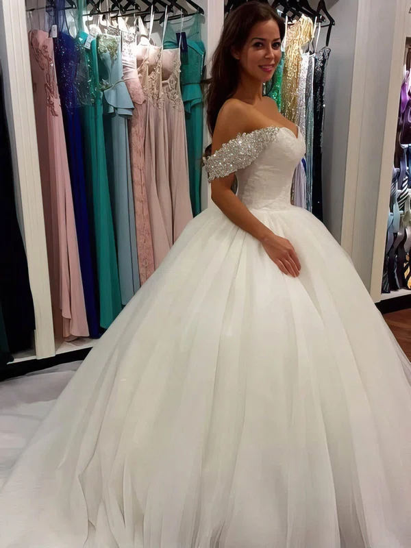 Ball Gown Off-the-shoulder Tulle Cathedral Train Wedding Dresses With Beading #UKM00022659