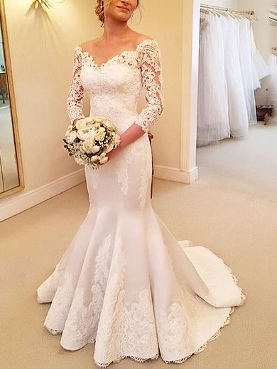 Modest Trumpet/Mermaid Off-the-shoulder Satin Tulle Appliques Lace Sweep Train 3/4 Sleeve Wedding Dresses #UKM00022661
