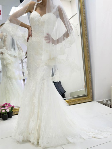 Trumpet/Mermaid Sweetheart Tulle Sweep Train Wedding Dresses With Appliques Lace #UKM00022662