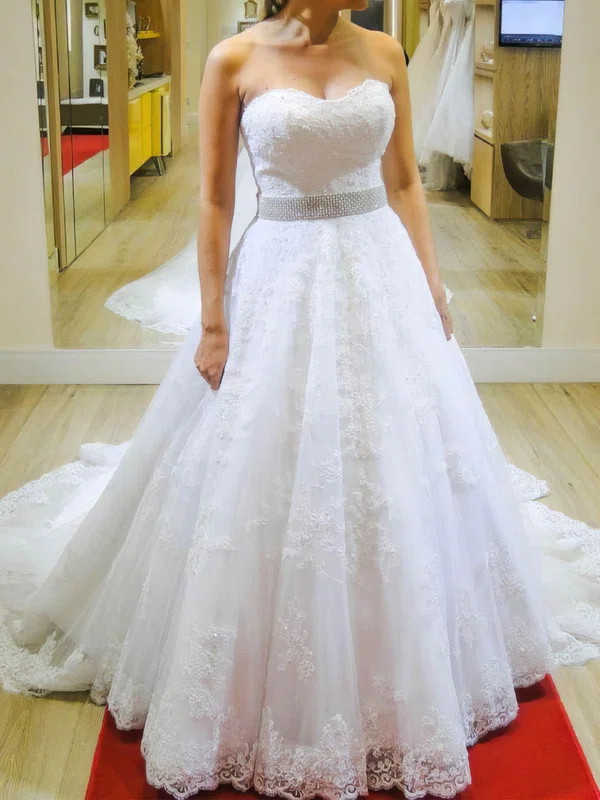 Ball Gown/Princess Sweetheart Tulle Chapel Train Wedding Dresses With Appliques Lace #UKM00022663