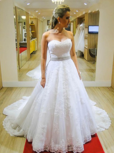 A-line Sweetheart Tulle with Appliques Lace Chapel Train Graceful Wedding Dresses #UKM00022663