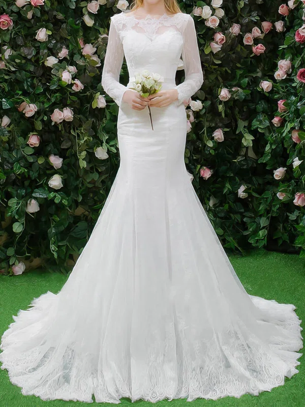 Trumpet/Mermaid Illusion Tulle Sweep Train Wedding Dresses With Appliques Lace #UKM00022664