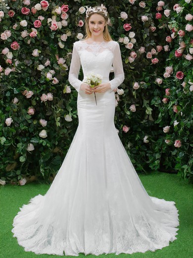 Top Trumpet/Mermaid Scalloped Neck Lace Appliques Lace Sweep Train Long Sleeve Wedding Dresses #UKM00022664