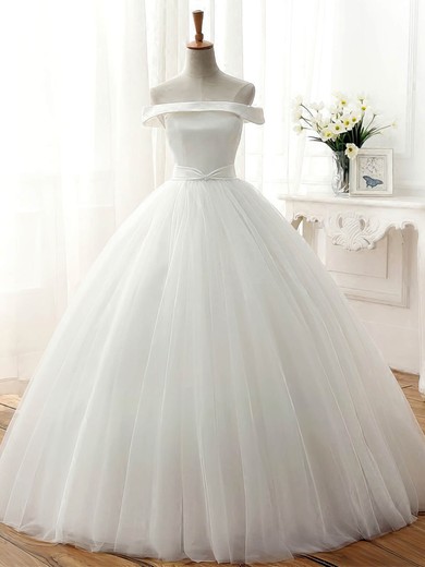 Ball Gown Off-the-shoulder Tulle Floor-length Wedding Dresses With Sashes / Ribbons #UKM00022672