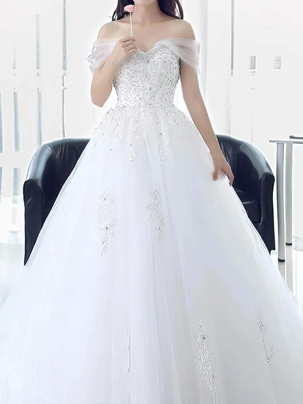 Ball Gown/Princess Off-the-shoulder Tulle Sweep Train Wedding Dresses With Beading #UKM00022673