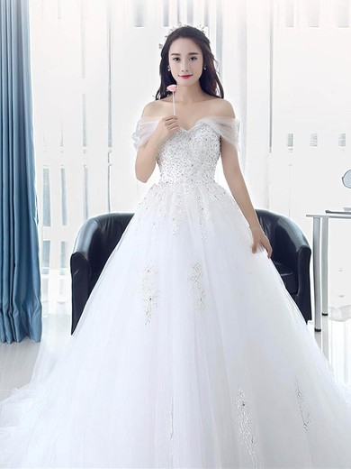 Ball Gown Off-the-shoulder Tulle Sweep Train Wedding Dresses With Beading #UKM00022673