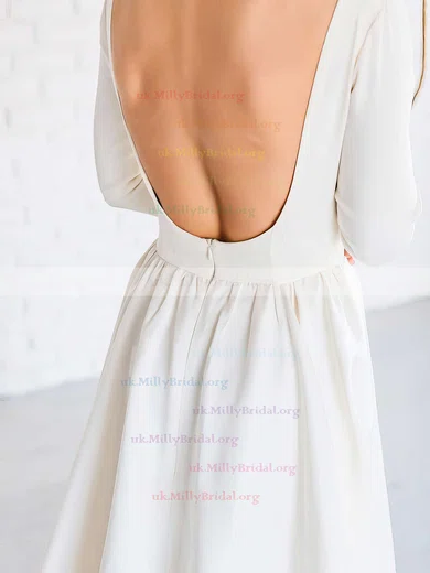 White Simple A-line Satin 3/4 Sleeve Backless Wedding Dresses With Sweep  Train – Promnova