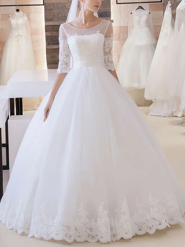 Ball Gown Illusion Tulle Floor-length Wedding Dresses With Appliques Lace #UKM00022680