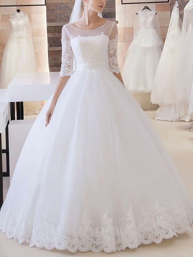 Ball Gown Scoop Neck Tulle Appliques Lace Floor-length 1/2 Sleeve Online Wedding Dresses #UKM00022680