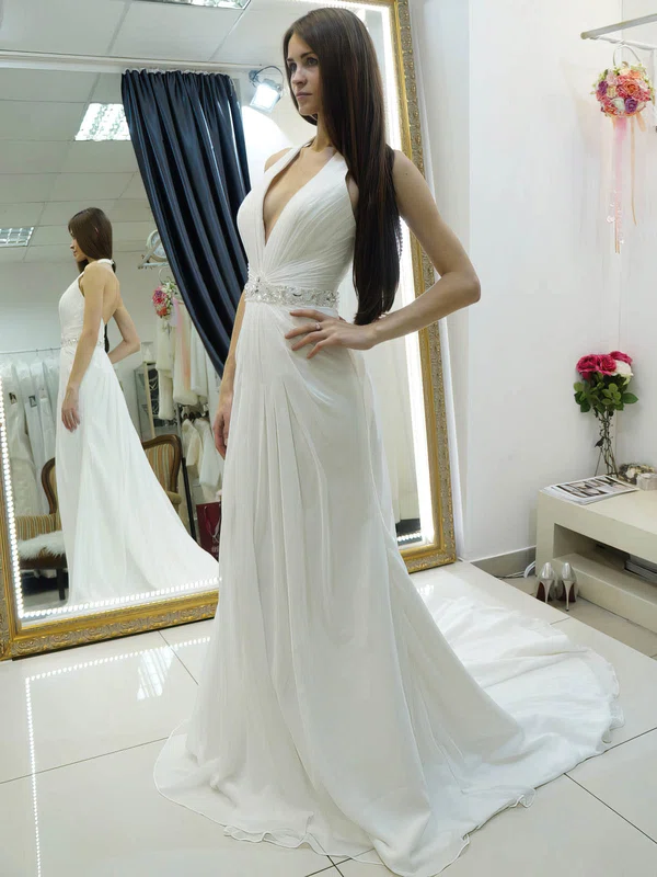 Wholesale A-line Halter Chiffon Beading Court Train Backless Wedding Dresses #UKM00022684