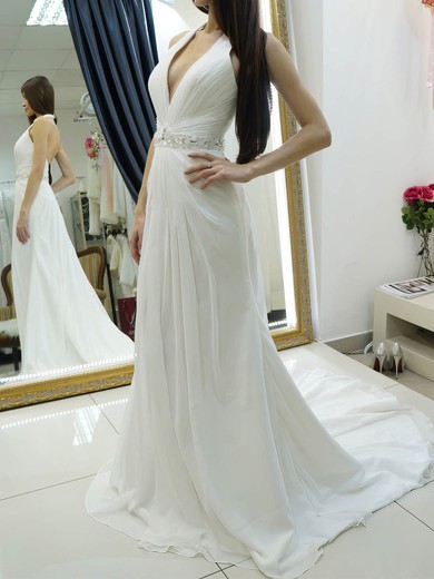 A-line Halter Chiffon Sweep Train Wedding Dresses With Beading #UKM00022684