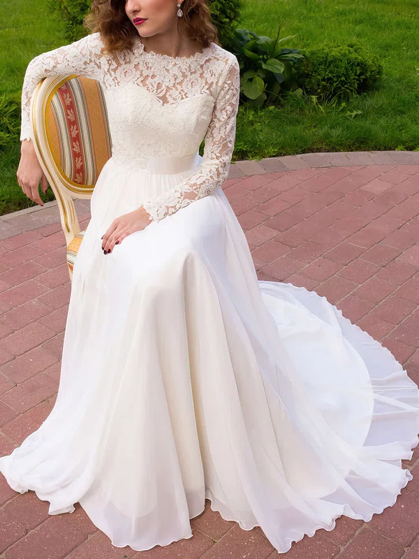 Latest A-line Scoop Neck Lace Chiffon Sashes / Ribbons Sweep Train Long Sleeve Wedding Dresses #UKM00022687