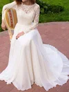 A-line Illusion Lace Chiffon Sweep Train Wedding Dresses With Sashes / Ribbons #UKM00022687