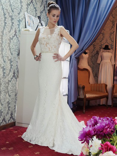 Trumpet/Mermaid Scoop Neck Lace Tulle Beading Court Train Backless Sexy Wedding Dresses #UKM00022689