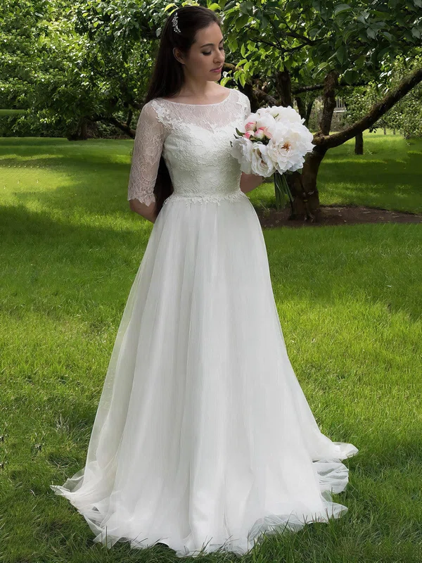 A-line Illusion Lace Tulle Sweep Train Wedding Dresses #UKM00022693
