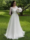 A-line Illusion Lace Tulle Sweep Train Wedding Dresses #UKM00022693