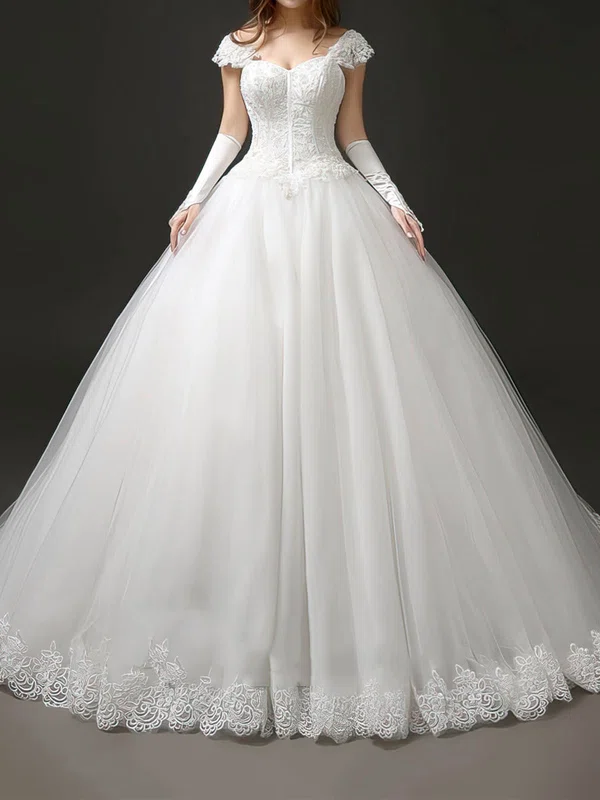 Ball Gown/Princess Off-the-shoulder Tulle Chapel Train Wedding Dresses With Beading #UKM00022706