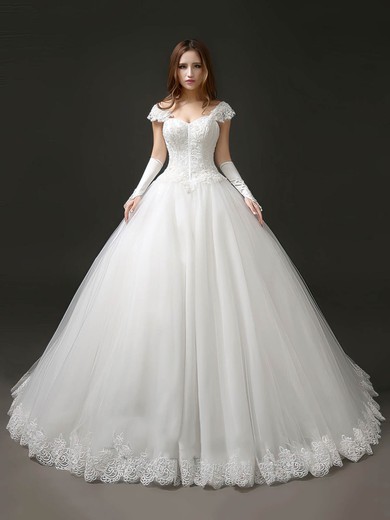 Princess Sweetheart Tulle with Appliques Lace Chapel Train Glamorous Wedding Dresses #UKM00022706