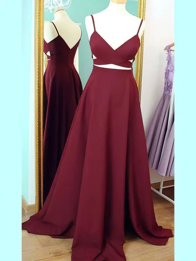 Burgundy Ball Gown V-neck Satin Cut Out Prom Dresses #UKM020102743