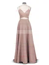 A-line V-neck Silk-like Satin Sweep Train Prom Dresses #UKM020102743