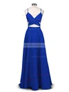 A-line V-neck Silk-like Satin Sweep Train Prom Dresses #UKM020102743