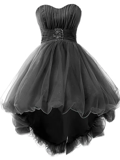 Black Ball Gown Strapless Tulle Prom Dresses With Beading #UKM020102748