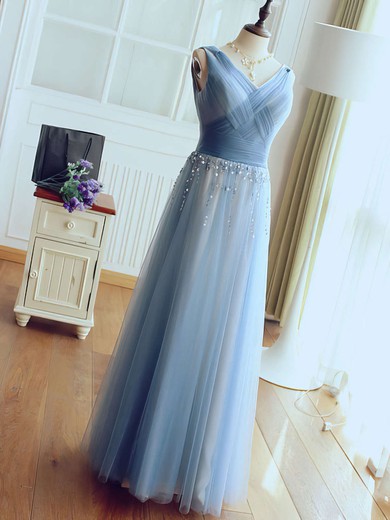 A-line V-neck Tulle Floor-length Beading Prom Dresses #UKM020102764