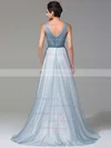 A-line V-neck Tulle Floor-length Beading Prom Dresses #UKM020102764