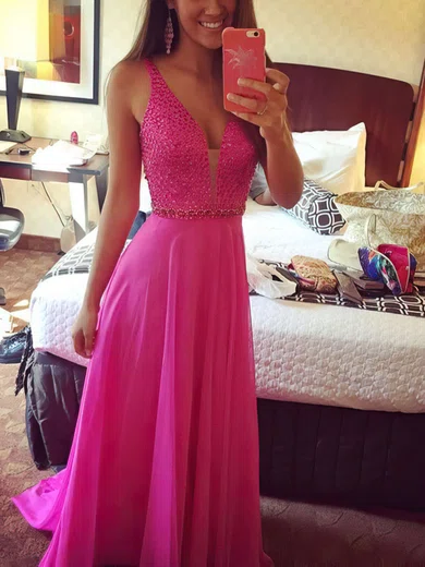 A-line V-neck Chiffon Sweep Train Beading Prom Dresses #UKM020102765