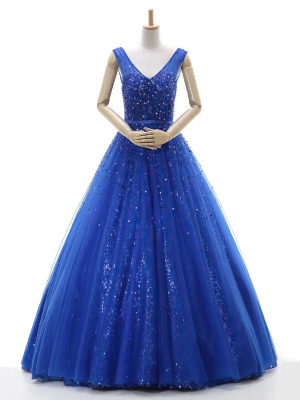 Ball Gown V-neck Tulle Sequined Floor-length Beading Prom Dresses #UKM020102772