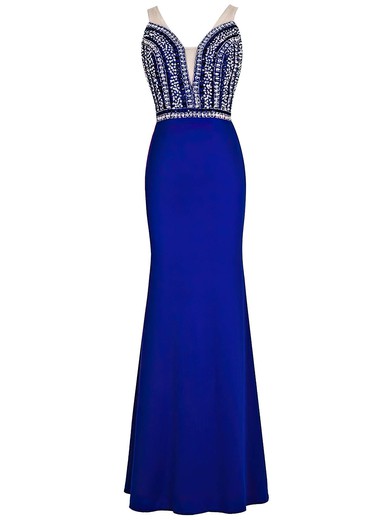 Fashion Sheath/Column V-neck Jersey Beading Floor-length Open Back Prom Dress #UKM020102793