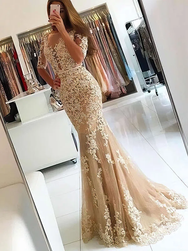 Trumpet/Mermaid Scoop Neck Tulle Sweep Train Appliques Lace Prom Dresses #UKM020102800