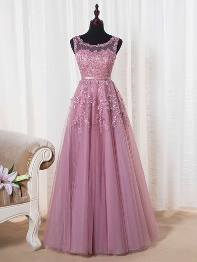 Princess Scoop Neck Tulle Floor-length Appliques Lace Prom Dresses #UKM020102804
