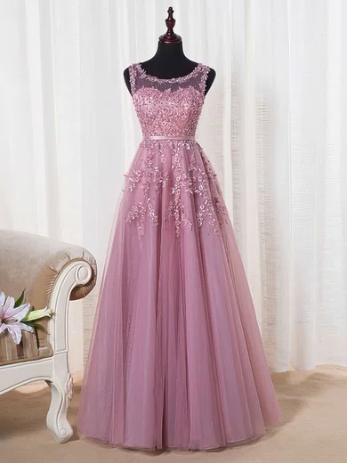 Princess Scoop Neck Tulle Floor-length Appliques Lace Prom Dresses Sale #sale020102804