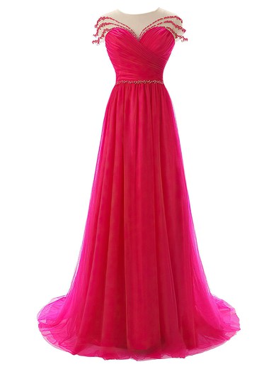 Beautiful A-line Scoop Neck Tulle Beading Sweep Train Cap Straps Prom Dresses #UKM020102812