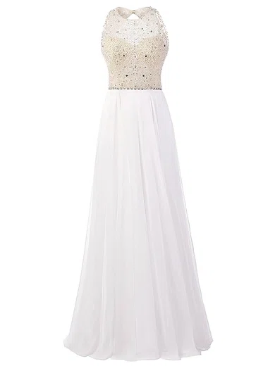White A-line Illusion Chiffon Cut Out Prom Dresses With Beading #UKM020102813