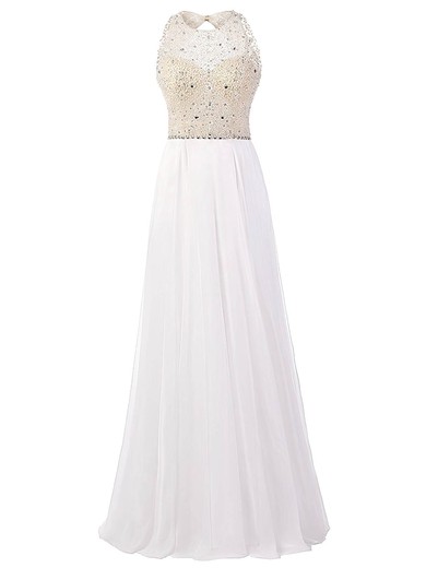 A-line Scoop Neck Chiffon Floor-length Beading Prom Dresses #UKM020102813