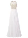 A-line Scoop Neck Chiffon Floor-length Beading Prom Dresses #UKM020102813