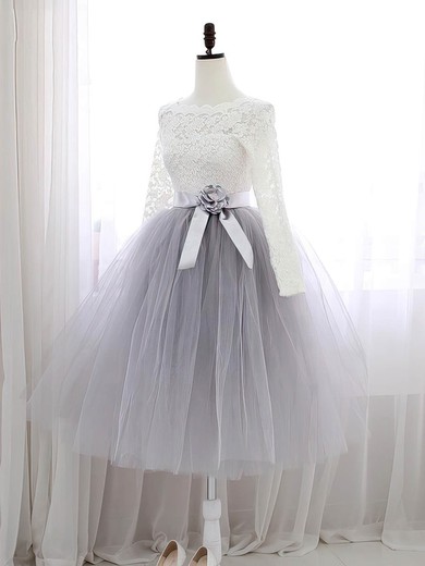 Sweet A-line Scalloped Neck Lace Tulle Knee-length Sashes / Ribbons Long Sleeve Short Prom Dresses #UKM020102849