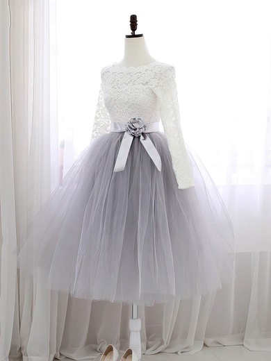 Sweet A-line Scalloped Neck Lace Tulle Sashes / Ribbons Knee-length Long Sleeve Prom Dresses #UKM020102849