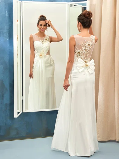 Sheath/Column Scoop Neck Tulle Silk-like Satin Floor-length Bow Prom Dresses #UKM020102864