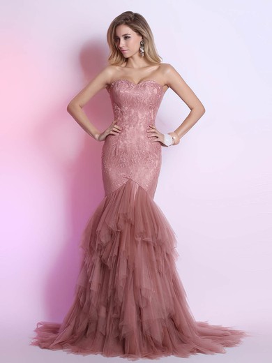 Online Sweetheart Tulle and Lace Tiered Sweep Train Prom Dress #UKM02014311