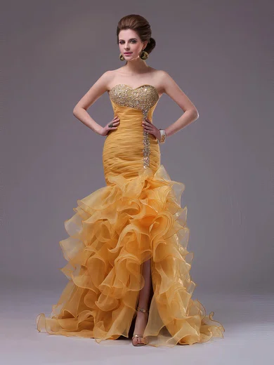 Graceful Split Front Sweetheart Organza Beading Tiered Trumpet/Mermaid Prom Dresses #UKM02014405