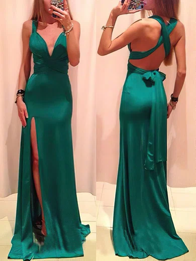 Sheath/Column V-neck Floor-length Satin Prom Dresses With Split #UKM02018713